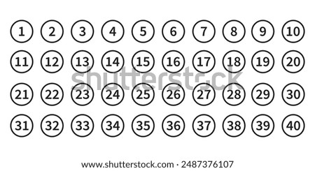 Simple round numbers icon set in line style. Set of 1-40 numbers simple black style symbol sign for apps and website, vector illustration.