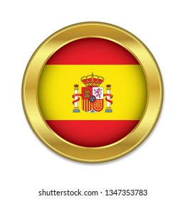 Simple round Spain golden badge icon with Spanish country flag. Modern flat seal design for infographic interface element app ui ux web, vector eps10 isolated on white background