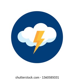 Simple round thunderstorm icon in flat style. Vector meteo pictogram of a raining weather.