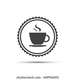 Simple round vector icon of coffee cup, round coffee label