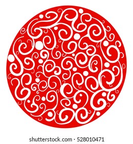 Simple round vector pattern with curls on a red background. Red christmas ball. The concept of Christmas and New Year. Design for cards, banners, t-shirts.