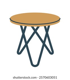 Simple round wooden table with modern black metal legs, minimalist graphic style, on white background. Concept of contemporary furniture design. Vector illustration