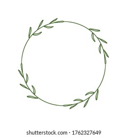 Simple round wreath with contour branches. Border of green leaves. Decorative design element. Doodle frame for logo, invitation, farm house. 
Vector illustration isolated on white background