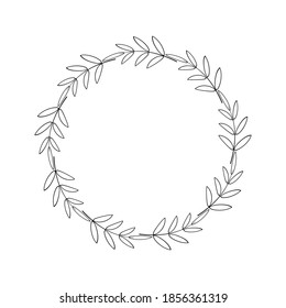 Simple round wreath with contour branches. A border of black leaves. Decorative design element. Laurel frame for logo, invitation, farm house, card. Vector illustration isolated on white background