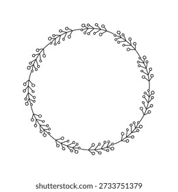 Einfacher runder Kranz mit Doodle-Umriss, Muschi, Weidenzweige einzeln auf weißem Hintergrund. Frühlingsfloraler Kreisrahmen.