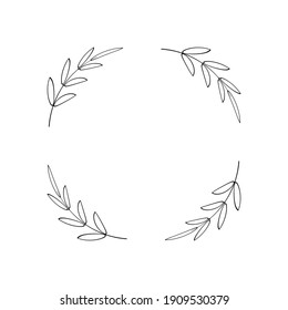 A simple round wreath of four branches with leaves. Decorative frame, linear style, design element for logo, tag, greeting card. Minimalistic floral border. Vector illustration isolated on white