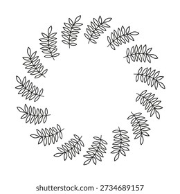 Simple round wreath with hand drawn outline leafy twigs isolated on white background. Doodle autumn frame.