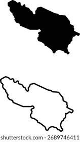 A simple, rounded map shape presented as a solid black fill and a clean outline, versatile for various designs.