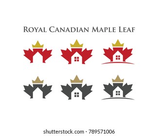 Simple Royal Canadian Maple Leaf - Home Maple Leaf with Golden Crown King or Queen Illustration Symbol Modern Logo Vector Template