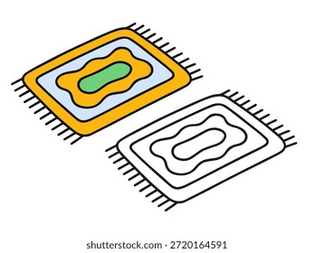 Ilustración de alfombra simple con una versión de color y una versión de contorno, estilo limpio y mínimo adecuado para iconos, diseño de interfaz de usuario, pegatinas y gráficos interiores para el hogar.