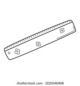 A simple ruler with flowers. School item. Doodle. Hand-drawn black and white vector illustration. The design elements are isolated on a white background