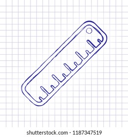 simple ruler icon. Hand drawn picture on paper sheet. Blue ink, outline sketch style. Doodle on checkered background