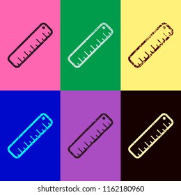 simple ruler icon. Pop art style. Scratched icons on 6 colour backgrounds. 