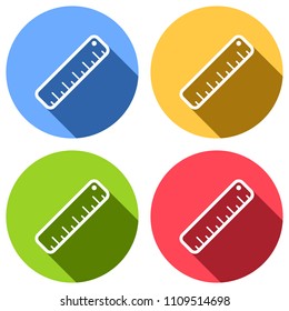 simple ruler icon. Set of white icons with long shadow on blue, orange, green and red colored circles. Sticker style