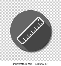 simple ruler icon. White flat icon with long shadow in circle on transparent background. Badge or sticker style
