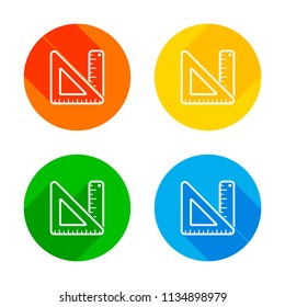 simple ruler and triangle. Flat white icon on colored circles background. Four different long shadows in each corners