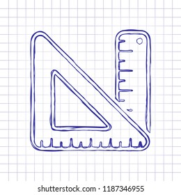 simple ruler and triangle. Hand drawn picture on paper sheet. Blue ink, outline sketch style. Doodle on checkered background