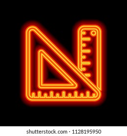 simple ruler and triangle. Orange neon style on black background. Light icon