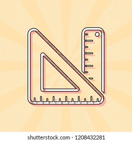 simple ruler and triangle. Vintage retro typography with offset printing effect. Dots poster with comics pop art background