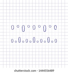 Simple ruler, work tool for measurement, linear icon. Hand drawn picture on paper sheet. Blue ink, outline sketch style. Doodle on checkered background