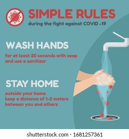 Simple rules during COVID-19. Wash hands and stay home.
Coronavirus outbreak. Pandemic. Stop the dangerous virus. Vector illustration for poster, banner, flyer