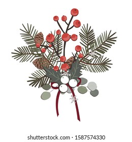 A simple rural Christmas composition - branches of a Christmas tree cedar, berries, and cones. Isolated vector illustration on white