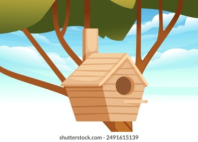 Pajarera sencilla y rústica con techo inclinado y entrada redonda. La pajarera de madera cuelga de una rama de árbol. Refugio natural y acogedor para aves en un entorno al aire libre. Ilustración vectorial