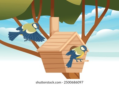 Simple, rustic birdhouse with a slanted roof and a round entrance. The wooden birdhouse hangs from a tree branch with tit birds flying around. Natural and cozy shelter for bird in outdoor environment.