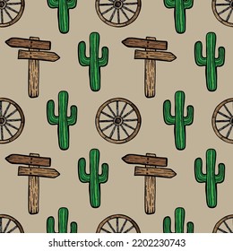 Simple Rustic Cactus Pattern And Wooden Pointer, Wooden Wheel. Vector Seamless Pattern In Tahas Style. Cowboy Print.