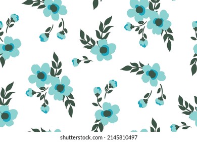 A simple rustic floral print. Seamless botanical pattern with small bouquets, blue flowers, leaves on a white background. Vector illustration.