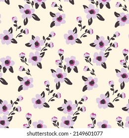 A simple rustic floral print. Seamless pattern with small lilac flowers, dark foliage on a white background. Vector illustration.