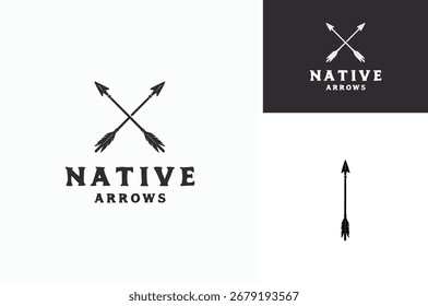 Simple rustic hand drawn silhouette of Crossed Ancient Indigenous Native Arrows logo design