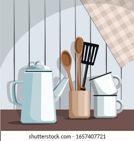 Simple rustic kitchenware, against vintage wooden background. Kitchen still life. Vector