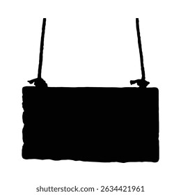 Uma silhueta simples e rústica de sinais retangulares, pendurada em cordas com nós. O estilo silhueta é minimalista e limpo.