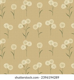 Simple rustic seamless floral pattern on beige burlap textured background. Hippie doodle dandelion meadow surface design print.