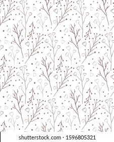 Simple rustic seamless pattern with branches, berries and hearts on a white background. Pencil sketch nature background. Vector gently texture for fabrics, wallpapers and your creativity.