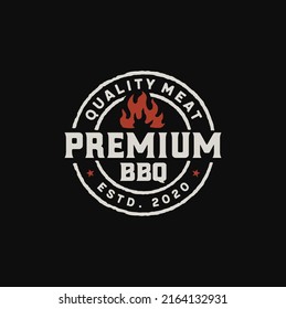 Simple Rustic Stamp with fire flame for Traditional BBQ Barbecue Emblem Badge logo design