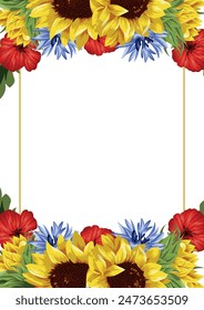 simple rustic wedding invitation template with sunflower buds, poppies and cornflowers on different sides and square frame, for print, design or packaging