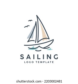 Simple Sailboat dhow boat ship Sea Ocean Wave and line art style logo design 