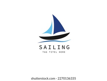 Einfaches Segelboot-Boot auf Sea Ocean Wave mit Logo-Design im Linienstil