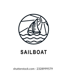 Simple Sailboat dhow boat ship on Sea Ocean Wave with line art style logo design