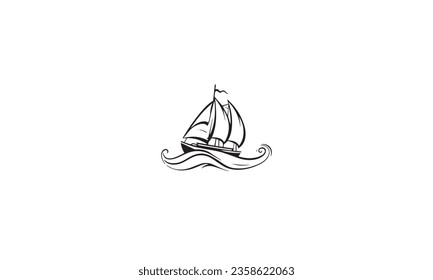 Simple Sailboat dhow boat ship on Sea Ocean Wave with Doodle black line art style for Sailing Travel Transport logo design white background