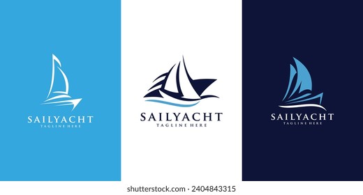 Simple Sailboat dhow boat ship on Sea Ocean Wave for Sailing Travel Transport logo design