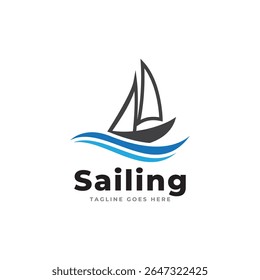 Simple sailboat, dhow boat, ship on ocean waves with Doodle line art style for Sailing Travel Transportation logo design