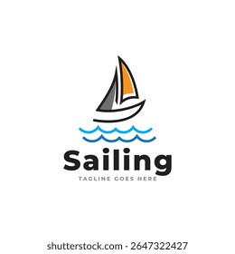 Simple sailboat, dhow boat, ship on ocean waves with Doodle line art style for Sailing Travel Transportation logo design