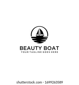 Simple Sailboat dhow ship line art logo design.