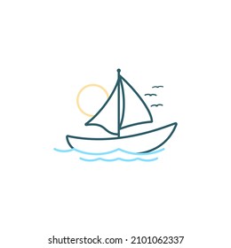 Einfache Segelboot-Design-Vorlage für das Logo der Schifflinie mit Sonne, Welle und Vogel-Symbol