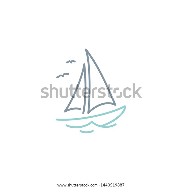 シンプルなサイヨルボートのドハウ船のラインアートロゴデザイン のベクター画像素材 ロイヤリティフリー