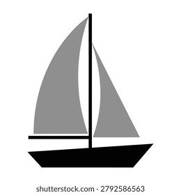 A simple sailboat with gray sails and a black hull on calm waters, perfect for transportation and recreation