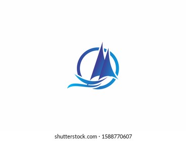 simple sailboat logo design in circle concept design with blue color